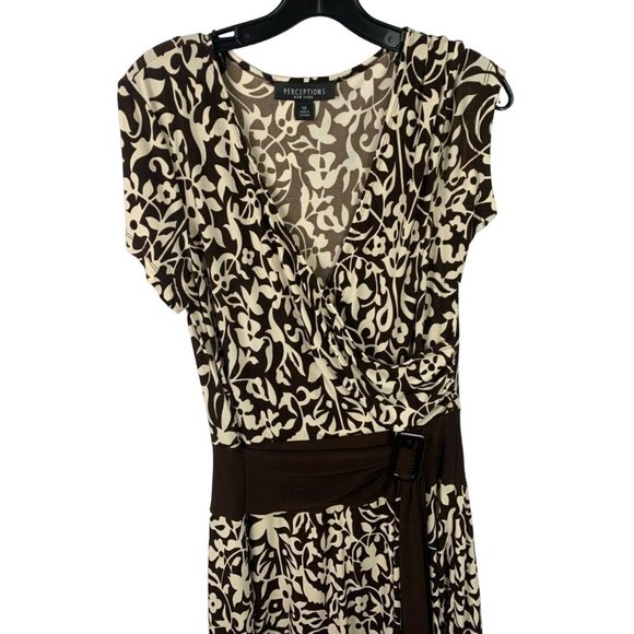 PERCEPTIONS NEW YORK Size 12 Brown Floral Wrap STRETCH DRESS SHORT SLEEVES Belt - Picture 6 of 7
